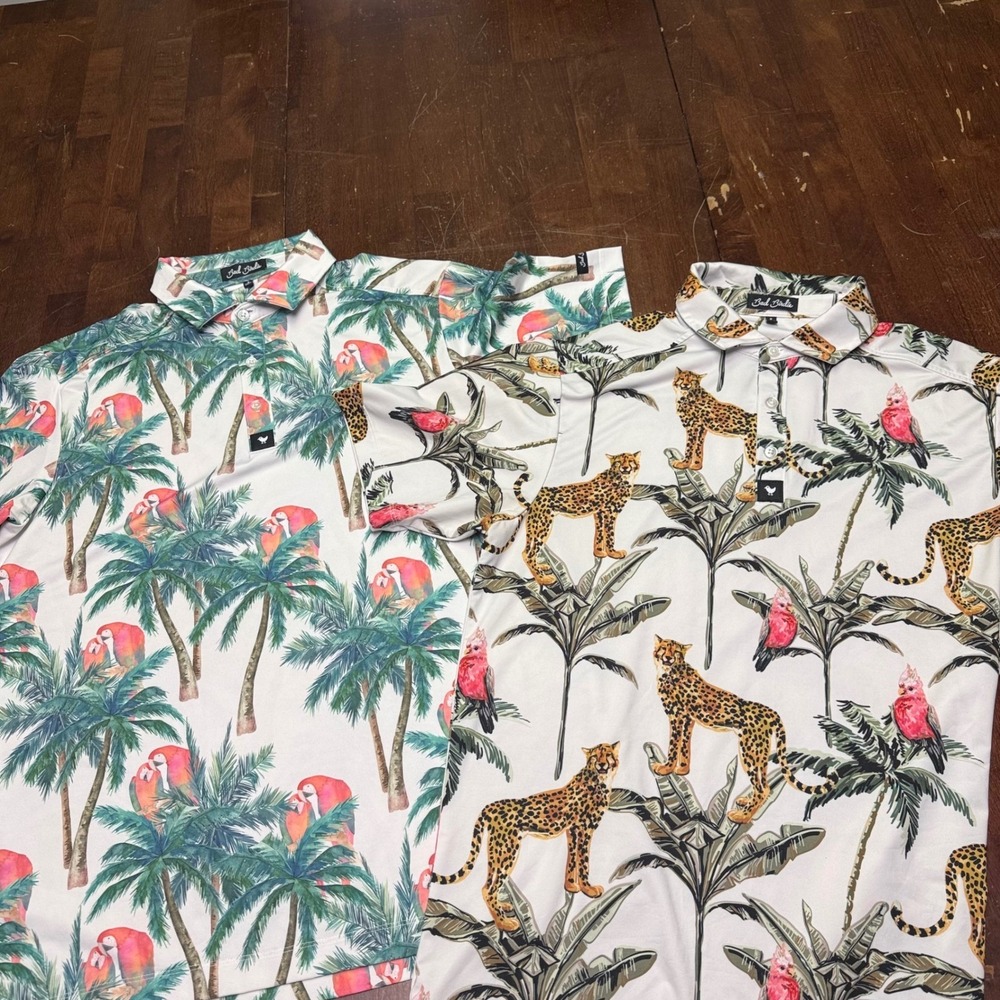2 Bad Birdie Polo Golf Shirts Men Small Tropical Safari Animal Print 2pc Bundle - Picture 16 of 16